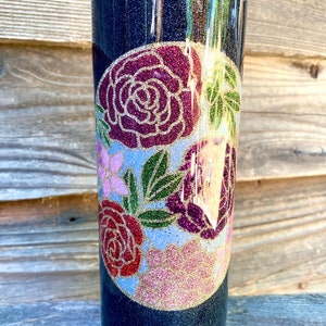 Personalized glitter tumbler - gunmetal black with a rose/floral pattern