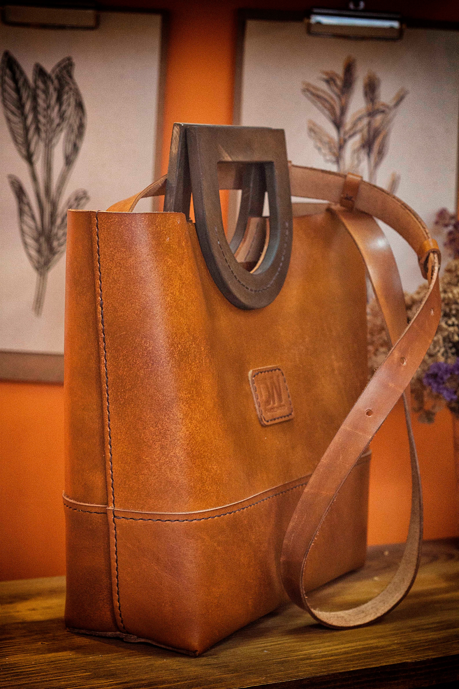 Wooden Handle Bags Large Tote with Pocket Leather Light Etsy