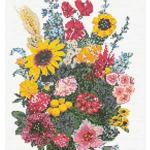 Realistisch boeket wilde bloemen Eenvoudig pdf-bestand direct downloaden Natuur kruissteek Retro bloemen Vintage bloemenborduurwerk Unieke X-steek