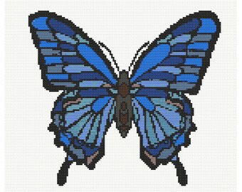 May include: A blue butterfly with intricate patterns on its wings. The butterfly is against a white background.