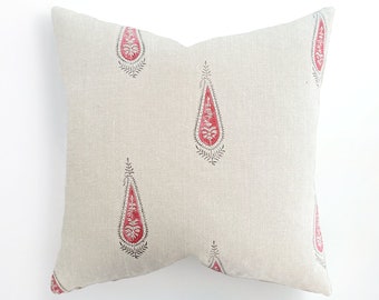 Block Print Cranberry / Red / Natural 100% Linen Throw Pillow