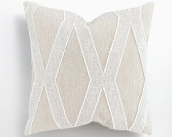 Linen & White Diamond Stitch Throw Pillow