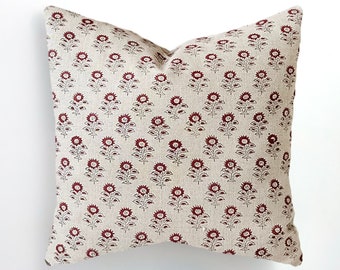 Indian Block Print Dark Cranberry / Red / Natural Linen Pillow