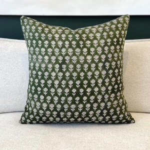 Green Botanical Block Print Pillow Cover