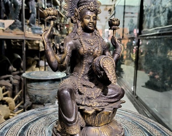 Bronze-Göttin Lakshmi, Sri Lakshmi, Bronze-Hindu-Gott, Göttin des Reichtums, Glück, Glück, Luxus, Schönheit, Wohnkultur, selten, 13,3 Zoll