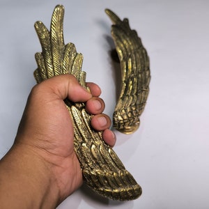 May include: Two brass-colored wing-shaped cabinet pulls. The pulls are detailed with feather-like textures and are held in a hand. The wings are curved and have a vintage or antique appearance. The hardware is likely for furniture.