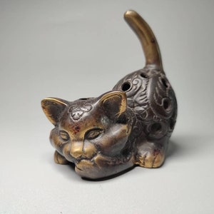 Bronze cat statue, cat licking her finger, animal figure, home decor, table decor, birth gift, girlfriend present, cat lover, 3.5 inch