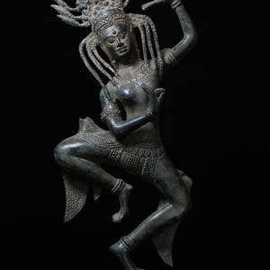 Bronze Dancing Apsara Statue: Antique Khmer Style, Tibetan Buddhist Decor, 15.3 inch