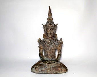 Antica statua di Buddha tailandese, Buddha di meditazione, Buddha protettore, Scultura in bronzo, Figura di Buddha, Decorazione per la casa, Regalo di compleanno, 10,6 pollici