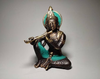 Statua di Krishna in bronzo antico, Krishna che suona il flauto, Avatar Vishnu, Hare Krishna, Dio dell'amore, Krishna Idol, Krishna God, 5,7 pollici