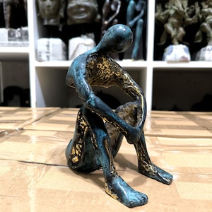 Abstract Bronze Statue: Seated Melancholy Modernist Sculpture (7.8 Inch)