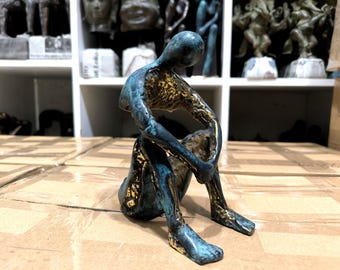 Abstract Bronze Statue: Seated Melancholy Modernist Sculpture (7.8 Inch)