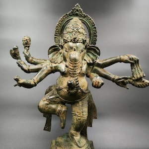 Bronze Ganesha Sculpture, Dancing Ganesha on lotus, Ganesha idol, Decorative Ganesha, Ganesha on altar, Rare Item, Home Decor, 12.9 inch