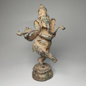 Antique Ganesha Playing Flute, Ganesha statue, Bronze Handmade Ganesha, Ganesha idol, Decorative Ganesha, Ganesha on lotus, 6.6 inch