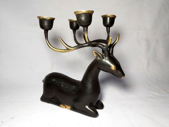 鹿のキャンドルホルダー、4つのキャンドルホルダー、ブロンズ鹿の彫刻