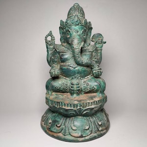 Bronze Ganesha Statue, Antique Ganesha, Ganesha Sitting on Lotus, Hindu God, Lord Ganesha, Collectable Gift, Decorative Ganesha, 8.2 inch