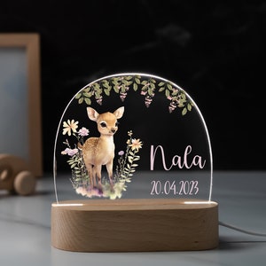 Veilleuse acrylique personnalisée, cadeau naissance bébé, cadeau baptême, chambre enfant, cadeau anniversaire, cerf, cadeau personnalisé