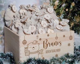 Calendrier de l'Avent personnalisé avec nom, Noël, calendrier de l'Avent en bois, Avent, sac en jute, boîte de l'Avent à remplir, enfants