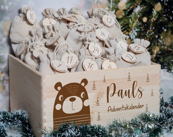 Personalisierter Adventskalender mit Name, Weihnachten, Adventskalender aus Holz, Advent, Jutesäckchen, Adventskiste zum befüllen, Kinder