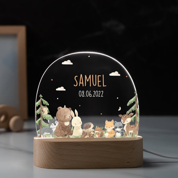 Lámpara de noche acrílica animales del bosque, regalo de nacimiento para bebé, regalo de bautizo, habitación infantil, regalo de cumpleaños, lámpara de noche, luz de noche, bebé