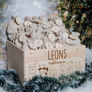 Calendario dell'Avvento personalizzato con nome, Natale, calendario dell'Avvento in legno, Avvento, sacchetto di juta, scatola dell'Avvento da riempire, bambini