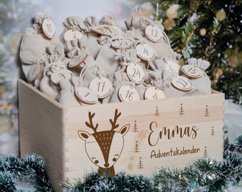 Personalisierter Adventskalender mit Name, Weihnachten, Adventskalender aus Holz, Advent, Jutesäckchen, Adventskiste zum befüllen, Kinder