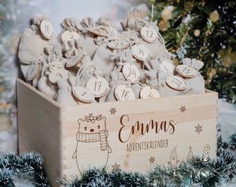 Personalisierter Adventskalender mit Name, Weihnachten, Adventskalender aus Holz, Advent, Jutesäckchen, Adventskiste zum befüllen, Kinder