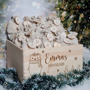 Scatola dell'Avvento personalizzata con nome, calendario dell'Avvento in legno, calendario dell'Avvento per bambini, sacchetto in iuta da riempire, idea regalo Natale