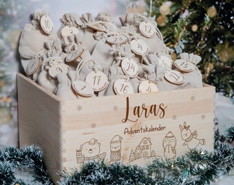 Gepersonaliseerde adventskalender met naam, Kerstmis, houten adventskalender, advent, jute tas, adventsdoos om te vullen, kinderen