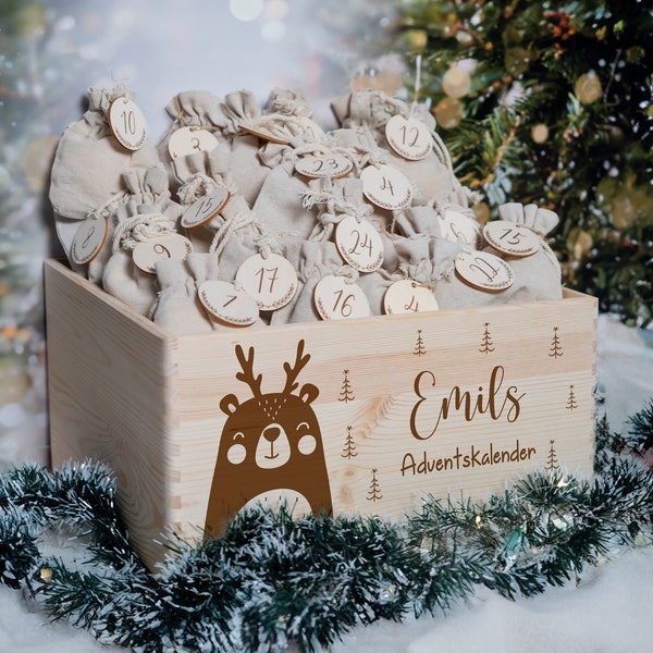 Personalisierter Adventskalender mit Name, Weihnachten, Adventskalender aus Holz, Advent, Jutesäckchen, Adventskiste zum befüllen, Kinder