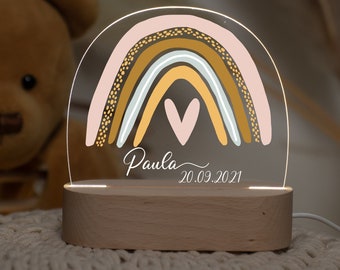 Lámpara de noche arco iris personalizada hecha de acrílico, regalo de nacimiento de bebé, regalo de bautismo, habitación de los niños, regalo de cumpleaños, lámpara de noche