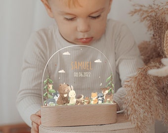 Nachtlicht personalisiert mit Namen, LED-Lampe Waldtiere für Kinderzimmer, Babygeschenk Geburt, Taufgeschenk, Nachtlampe Geburt, Baby gift