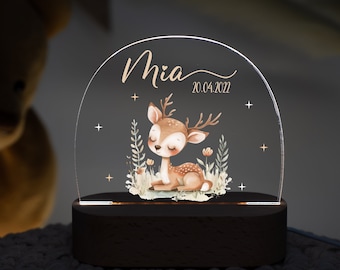 LED night light with name and date of birth for babies and children, deer motif, acrylic glass, baby gift birth, christening gift, bedside lamp