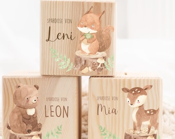 Spardose personalisiert aus Holz mit Namen und Tiermotiv, Geschenk zur Taufe & Geburt, Weihnachtsgeschenk