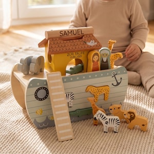 Jeu d'empilage Arche de Noé personnalisé avec prénom — Jouet en bois représentant des animaux de safari, cadeau de naissance et de baptême