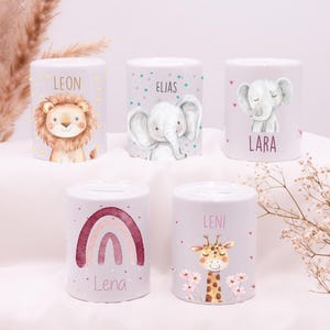 Spardose personalisiert mit Namen, Keramik Sparbüchse für Kinder, Taufgeschenk Baby, Geburtstagsgeschenk mit Tiermotiv, Weihnachten