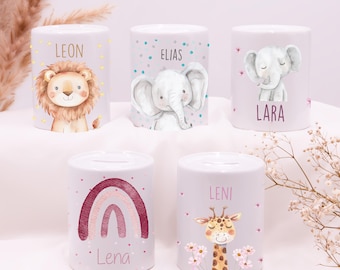 Spardose personalisiert mit Namen, Keramik Sparbüchse für Kinder, Taufgeschenk Baby, Geburtstagsgeschenk mit Tiermotiv, Weihnachten