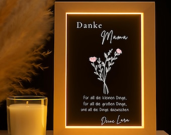 Bilderrahmen LED personalisiert mit Namen, Muttertagsgeschenk Mama, dimmbare Lampe aus Holz und Acryl, Nachtlicht, Geschenk zum Geburtstag
