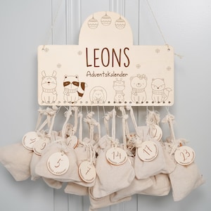Calendario dell'Avvento personalizzato con nome, Natale, calendario dell'Avvento in legno, Avvento, sacchetto di juta, calendario dell'Avvento da riempire, bambini