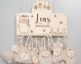 Calendario de Adviento personalizado con nombre, Navidad, calendario de Adviento de madera, Adviento, bolsa de yute, calendario de Adviento para rellenar, niños