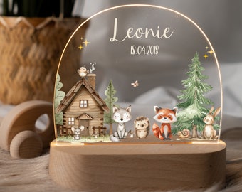 Personalized children's room LED lamp with woodland animals, sustainable acrylic night light, gift for birth or christening, made in Hamburg