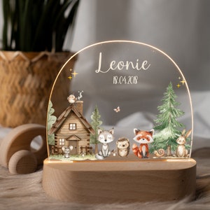 Personalized children's room LED lamp with forest animals, sustainable acrylic night light, gift for birth or baptism, Made in Hamburg