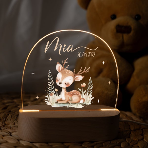 Lampe LED personnalisée pour chambre d'enfant avec nom, bois véritable durable, veilleuse à intensité variable, cadeau de naissance, cadeau de baptême