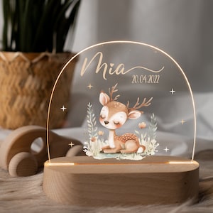 Personalized children's room LED lamp with name, sustainable real wood, dimmable night light, baby gift birth, baptism gift