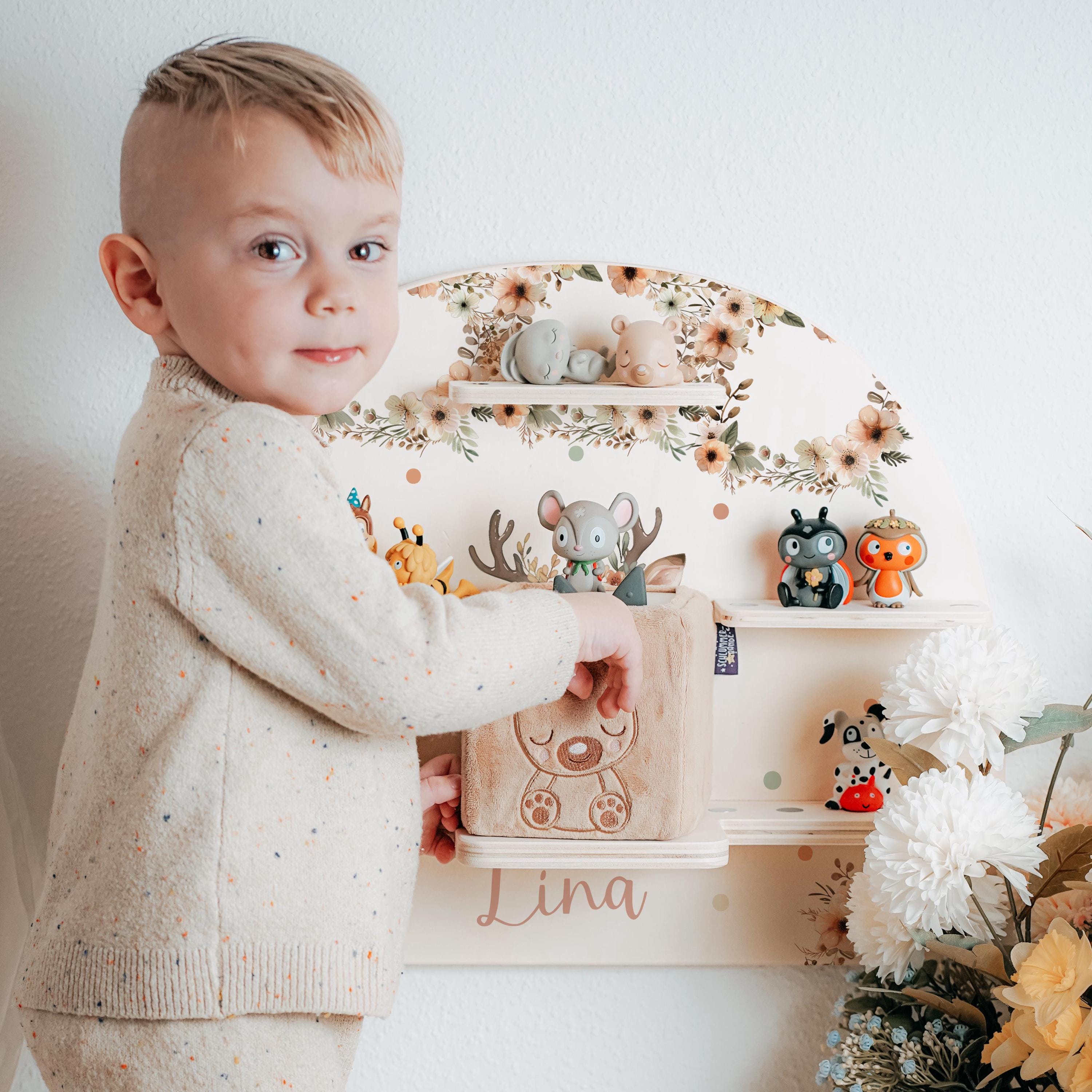 Tonie shelf deer motif personalized with name for 22 wooden figures, christening gift, children's room decoration, birthday, shelf for Toniebox