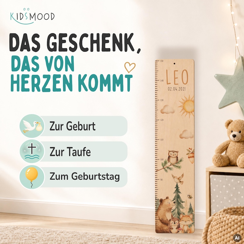 May include: A wooden height chart featuring a printed scale from 90 to 150 cm, personalized with the name LEO and the date 02.04.2021. The design includes illustrations of a sun, clouds, an owl, a bear, a hedgehog, and a fox.