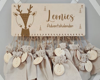 Gepersonaliseerde adventskalender met naam, Kerstmis, adventskalender gemaakt van hout, advent, jutezakken, adventskalender om te vullen, kinderen