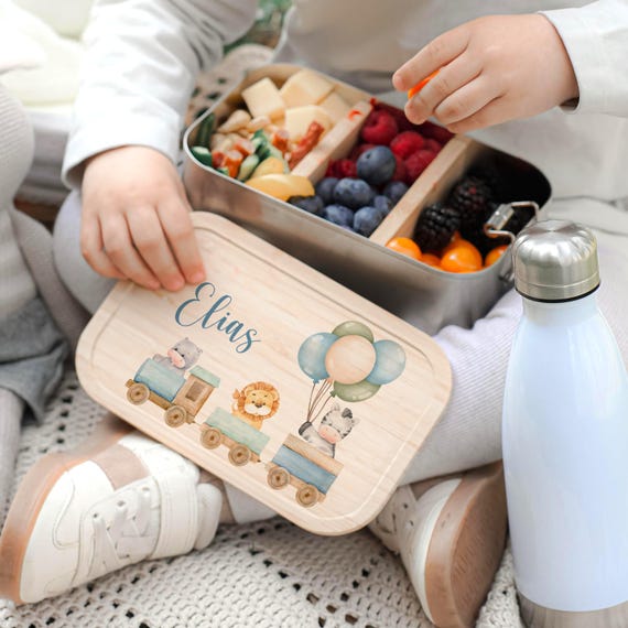 Brotdose Kinder personalisiert, Edelstahl Lunchbox mit Namen, Bambusdeckel Eisenbahn, Einschulung, Vesperdose, Geschenk kinder, lunchbox