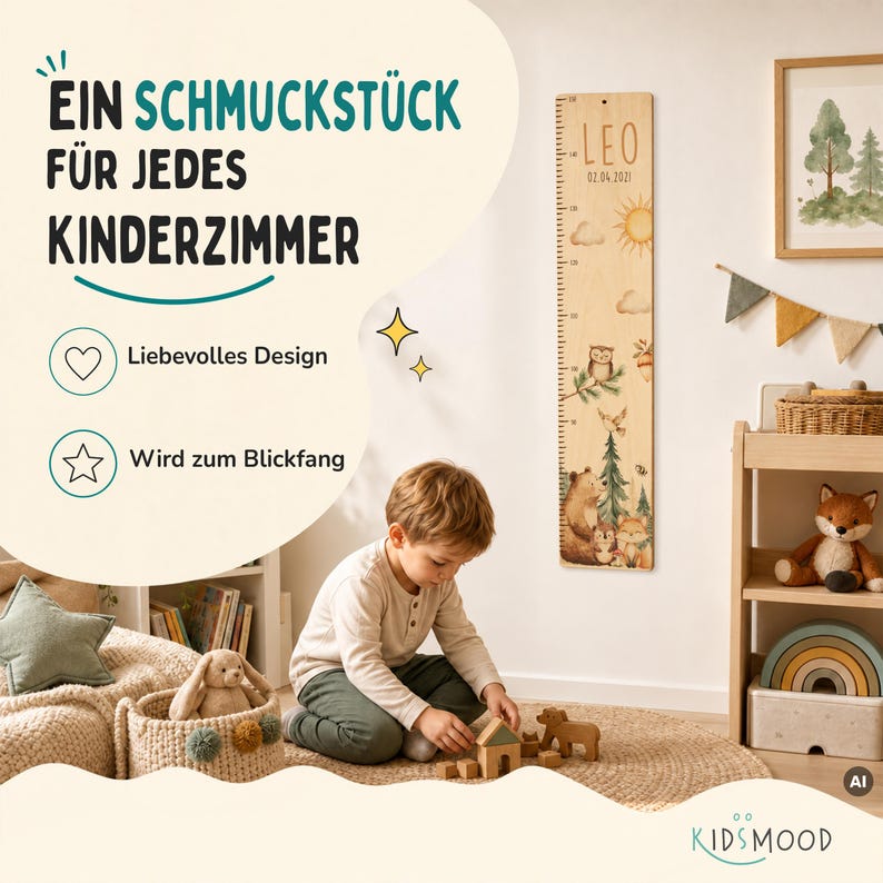 May include: A wooden growth chart featuring a printed forest theme with a bear, owl, fox, and sun. The chart includes the name LEO and the date 02.04.2021, with measurement markings along the side. The design is displayed on a wall.