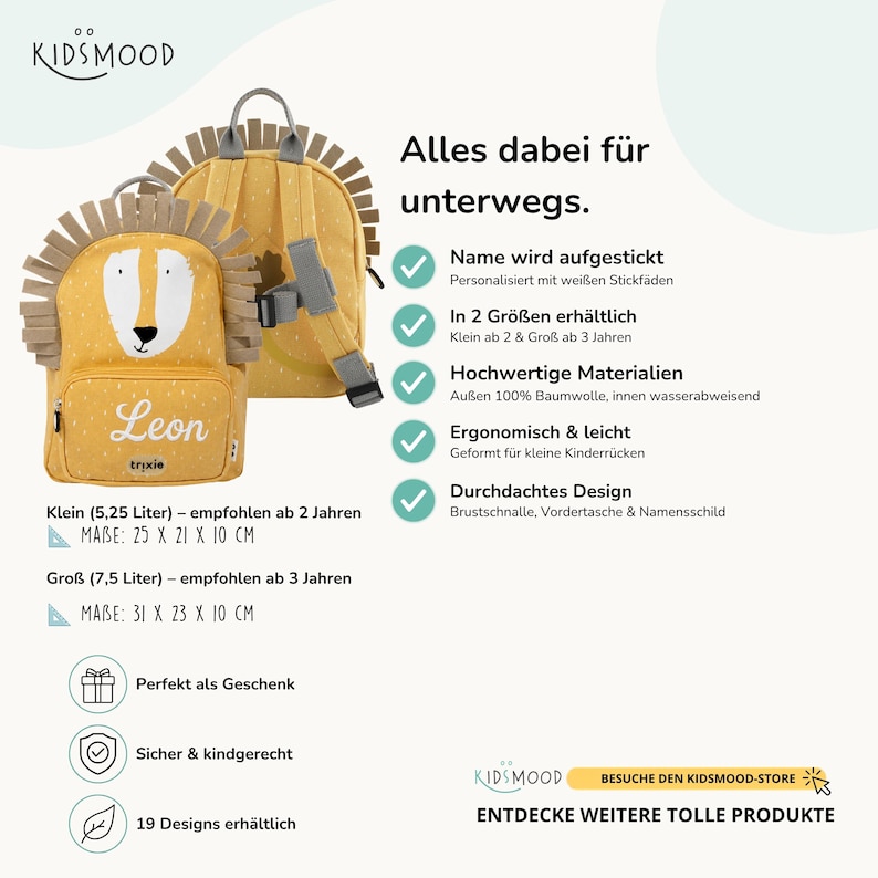 Name in weißer Stickschrift auf dem Kindergartenrucksack, dauerhafte Stickerei statt Aufdruck